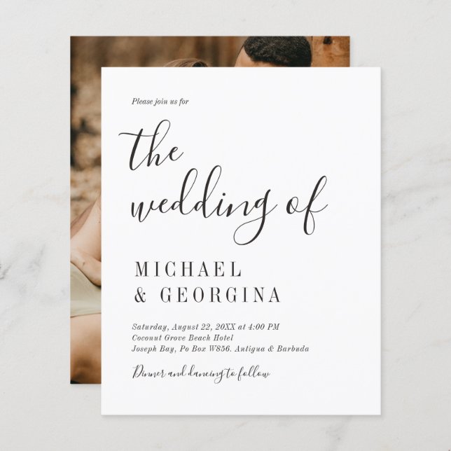 Papier Budget Simple Black White Photo Faire-part de mari (Devant / Derrière)