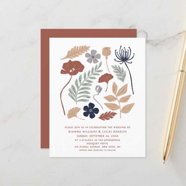 Papier Budget Simple Blue Redwood Flowers Moderne Mariage (Devant/Arrière en situation)