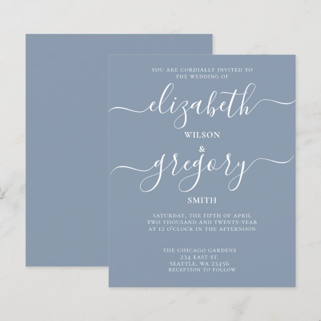 Papier Budget Simple Dusty Blue Moderne Faire-part de mar (Devant / Derrière)