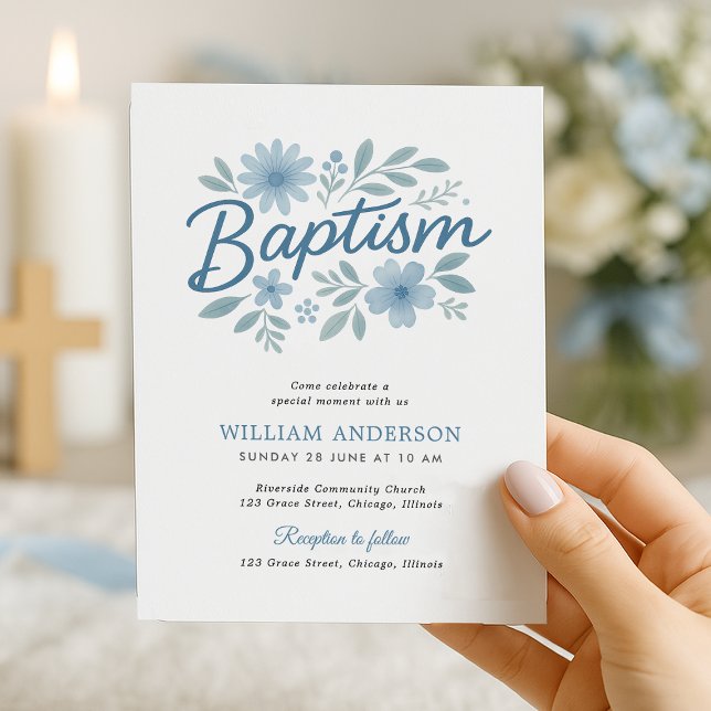 Papier Budget simple Floral Baptism Invitation pour Garço (Elegant budget  blue floral baptism invitation held near candlelight – perfect for boy christening)