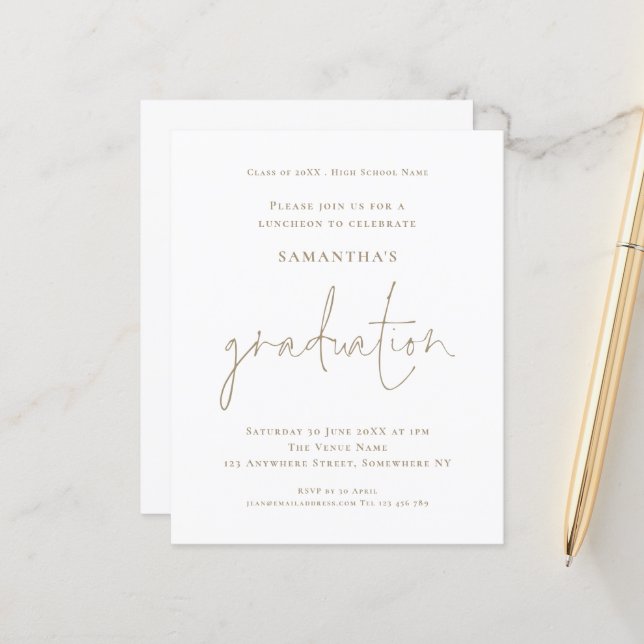 Papier Budget Simple Gold White Grad Luncheon Invitation (Devant/Arrière en situation)