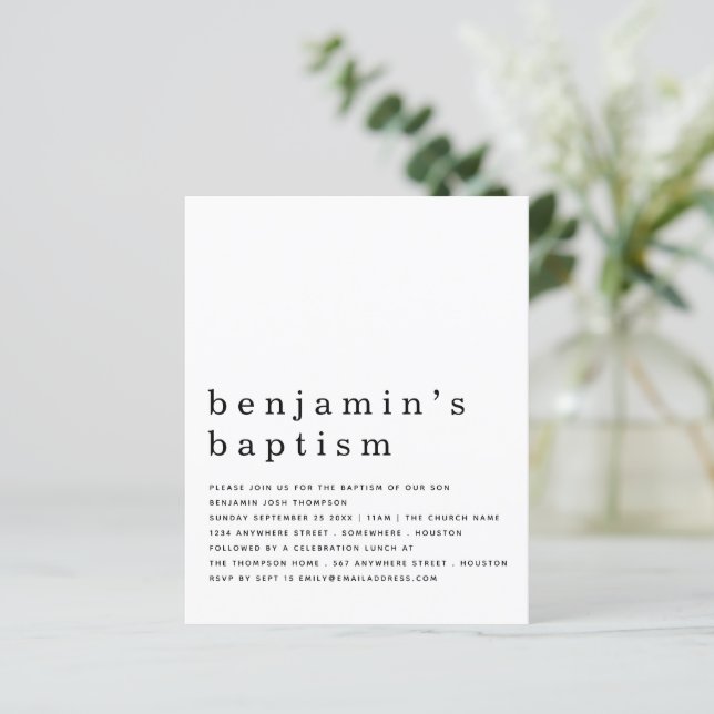 Papier Budget Simple Noir Blanc Baptême Invitation (Debout devant)