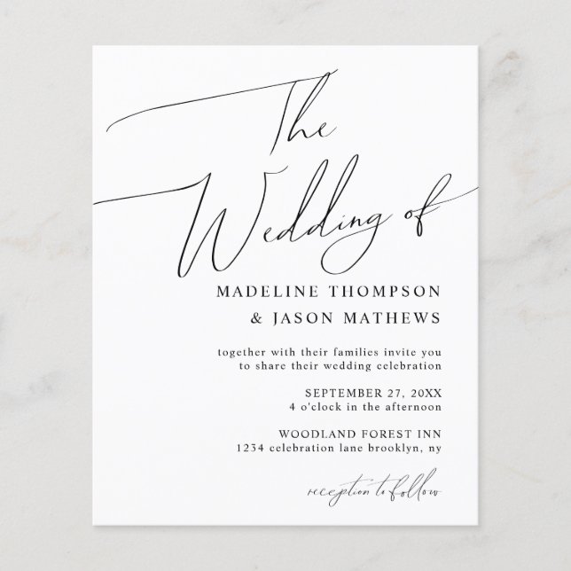 Papier BUDGET Simple noir et blanc Script Le Mariage (Devant)