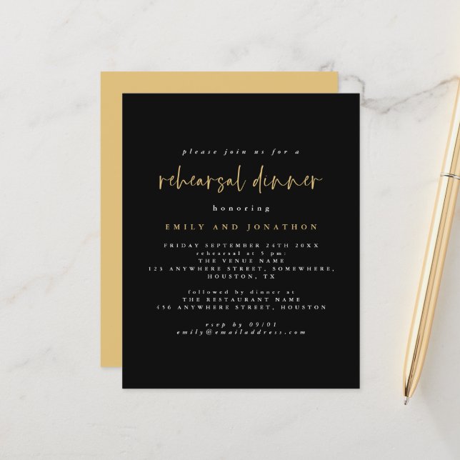 Papier Budget Simple Noir Répétition Dîner Invitation (Devant/Arrière en situation)