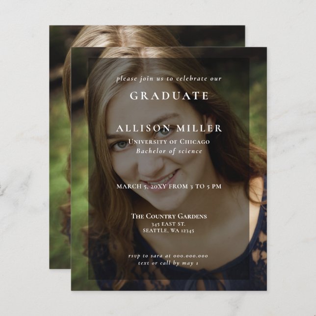 Papier Budget Simple Photo Overlay Graduation Invitation (Devant / Derrière)