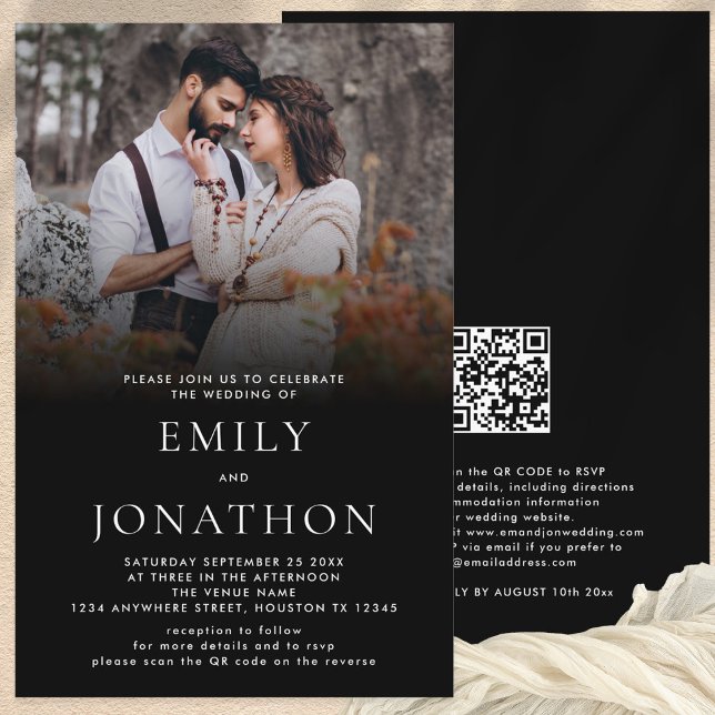 Papier Budget simple photo QR Code Mariage noir Invitatio (Front and Back view of budget price photo blak overlay wedding invitation with your website QR code)