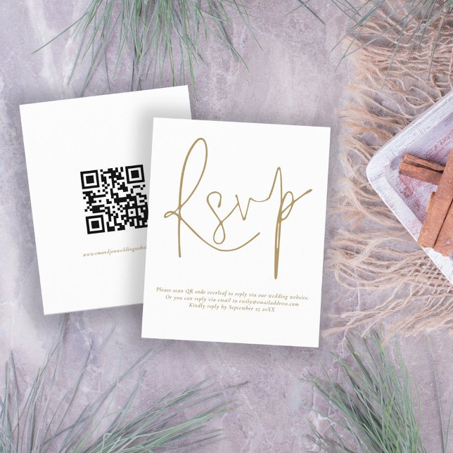 Papier Budget Simple QR Code Gold Script Wedding RSVP (Front and back view. )