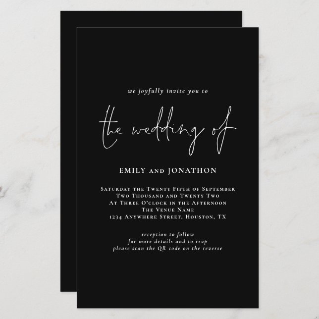 Papier Budget Simple Script QR Code Black Wedding Invitat (Devant / Derrière)
