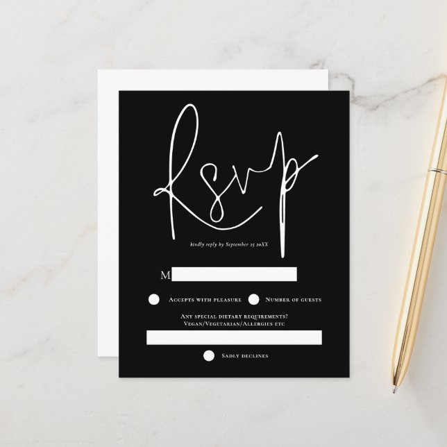 Papier Budget Simple Texte Blanc Noir Mariage RSVP (Devant/Arrière en situation)