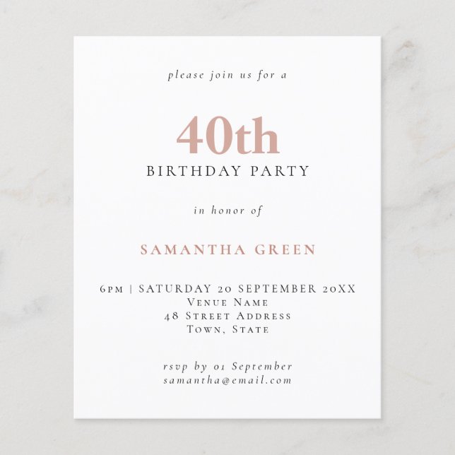 Papier Budget Simple Texte Blush 40e Invitation anniversa (Devant)