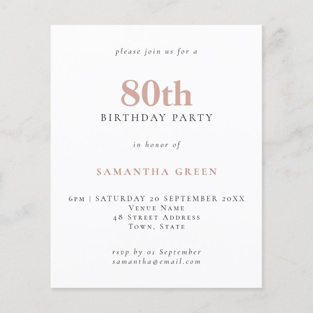 Papier Budget Simple Texte Blush Invitation d'anniversair (Devant)