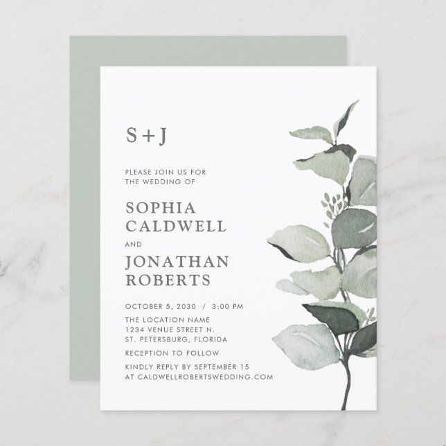 Papier Budget Site Web RSVP Sage Eucalyptus Mariage Invit (Devant / Derrière)