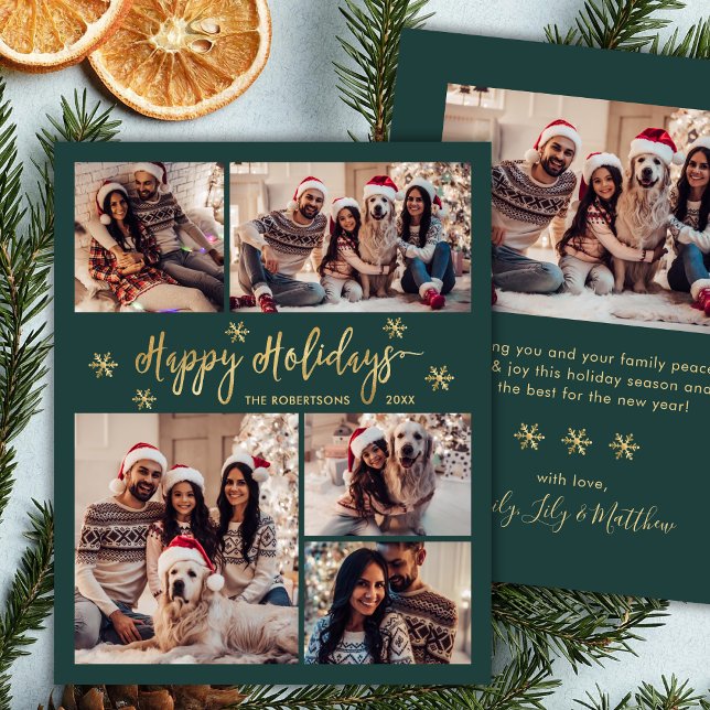 Papier Budget Snowflake Green Gold 5 Photo Collage Card (Créateur téléchargé)