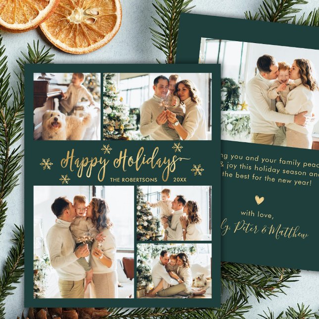 Papier Budget Snowflake Green Gold 5 Photo Collage Card (Créateur téléchargé)