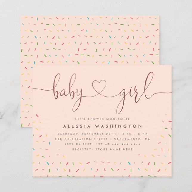 Papier Budget Sprinkle Rose Gold Script Baby shower fille (Devant / Derrière)