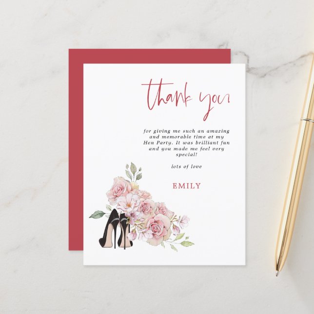 Papier Budget Stiletto Rose Florals Hen Party Merci (Devant/Arrière en situation)