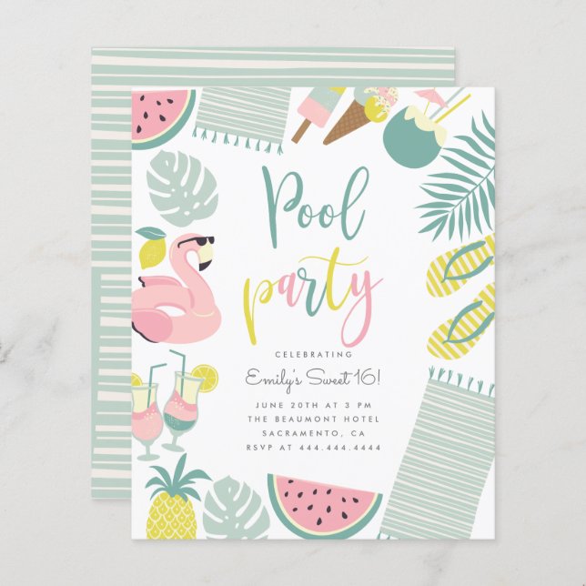 Papier Budget Summer Pool Party Script Sweet 16 Anniversa (Devant / Derrière)