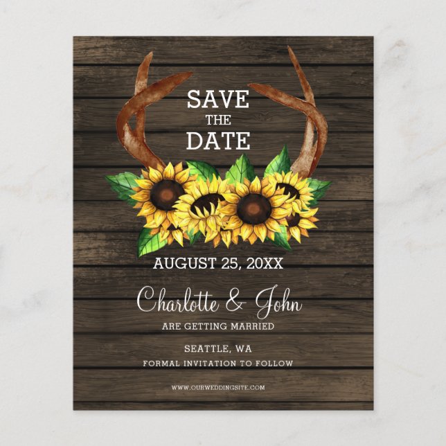 Papier Budget Sunflower Antlers Chic Enregistrer la date (Devant)