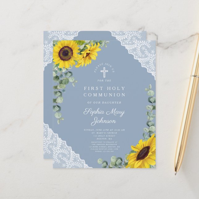 Papier Budget Sunflower Blue Lace Première communion (Devant/Arrière en situation)
