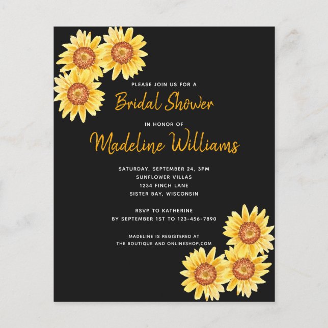 Papier Budget Sunflower Bridal Show Invitation Noir (Devant)