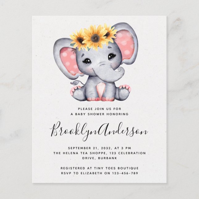Papier BUDGET Sunflower Elephant Baby shower Invitation (Devant)