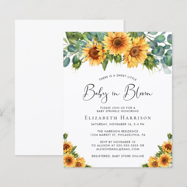 Papier Budget Sunflower Eucalyptus Baby Sprinkle Invitati (Devant / Derrière)