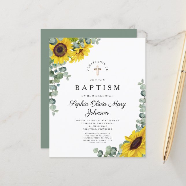 Papier Budget Sunflower Eucalyptus Baptême religieux (Devant/Arrière en situation)