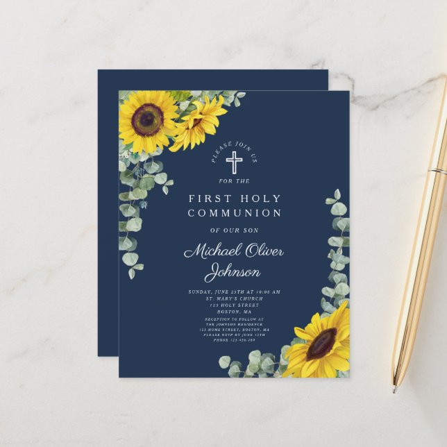 Papier Budget Sunflower Eucalyptus Blue First Communion (Devant/Arrière en situation)