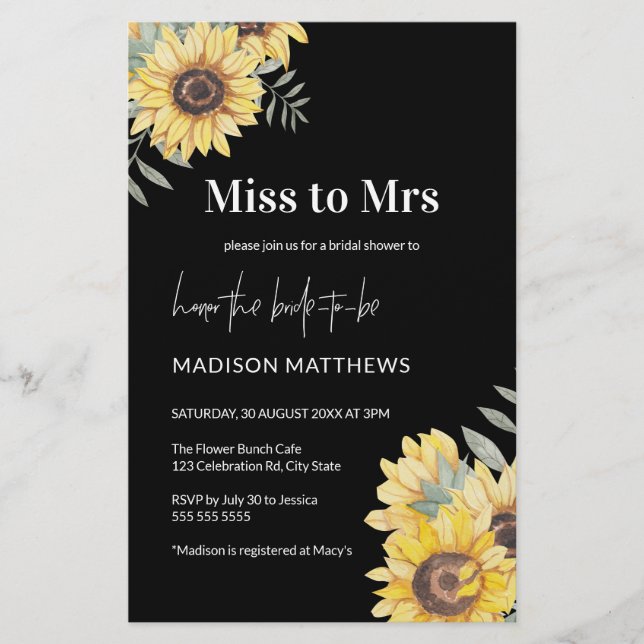 Papier Budget Sunflower Noire Invitation à la douche nupt (Devant)