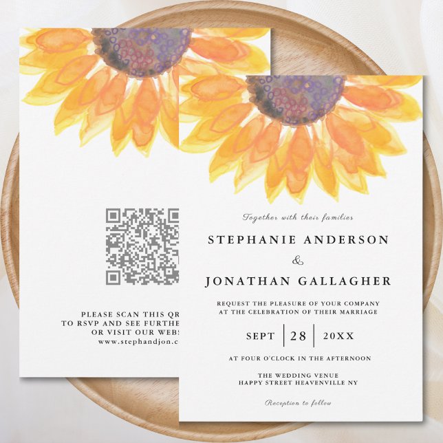 Papier Budget Sunflower QR Code Faire-part de mariage (Créateur téléchargé)