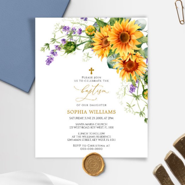 Papier Budget Sunflowers & Lavander Baptism Invitation (Créateur téléchargé)