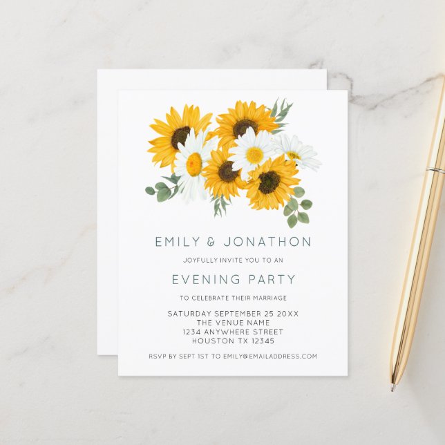 Papier Budget Sunflowers Mariage Invitation de soirée (Devant/Arrière en situation)