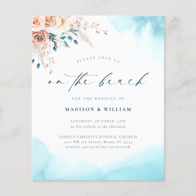 Papier Budget Sur La Faire-part de mariage Bleue Plage (Devant)