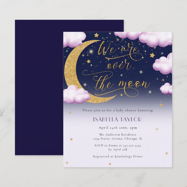 Papier Budget sur la lune Invitation Baby shower fille (Devant / Derrière)
