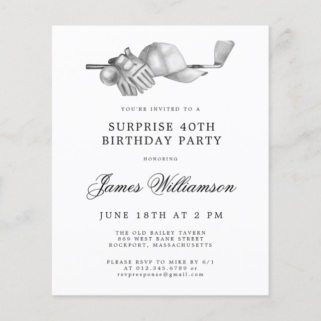 Papier BUDGET Surprise Golf 40e anniversaire Invitation (Devant)