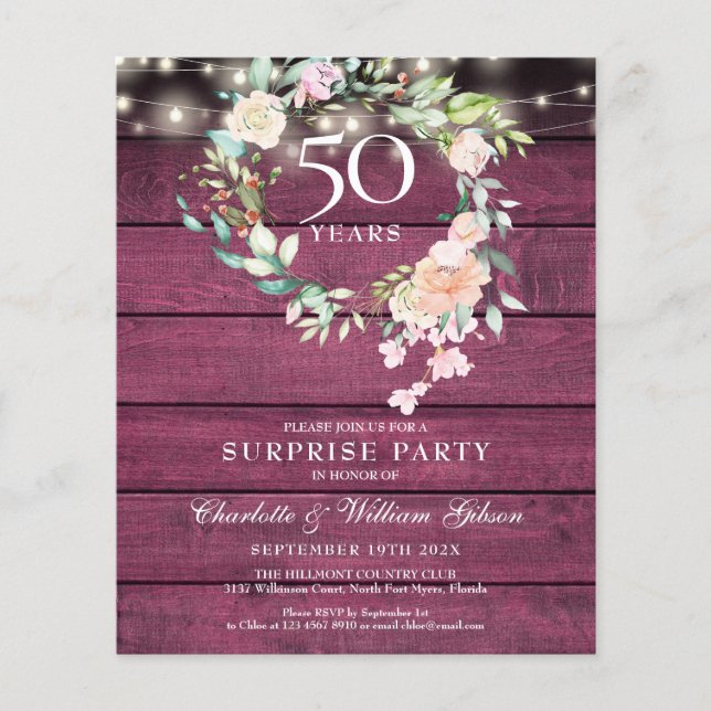 Papier Budget Surprise Party 50e anniversaire Rustique (Devant)