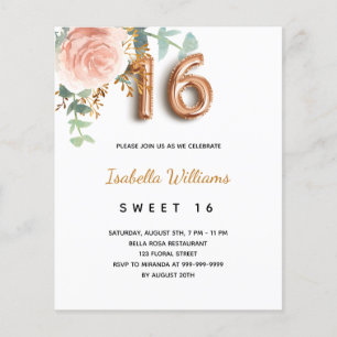 Papier Budget Sweet 16 16e rose fleuri en or eucalyptus