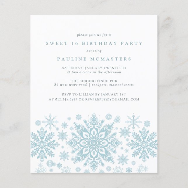 Papier BUDGET Sweet 16 Anniversaire Blue Snowflake Invita (Devant)