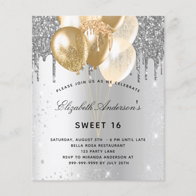 Papier Budget Sweet 16 argent or ballons invitation (Devant)