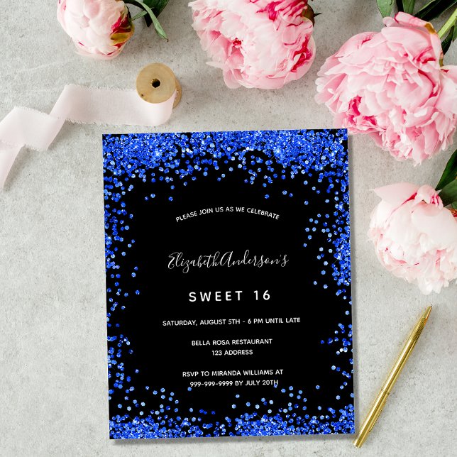 Papier Budget Sweet 16 black royal bleu invitation (Créateur téléchargé)