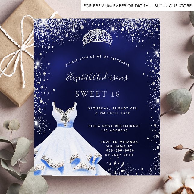 Papier Budget Sweet 16 bleu argent robe tiara invitation (Créateur téléchargé)