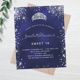 Papier Budget Sweet 16 bleu argent tiara invitation