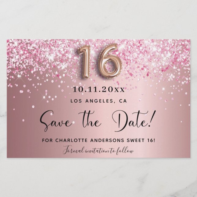 Papier Budget Sweet 16 blush rose enregistrer la date (Devant)