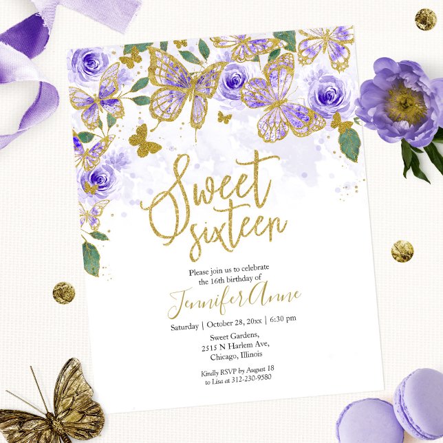 Papier Budget Sweet 16 Butterfly Invitation Purple Floral (Créateur téléchargé)