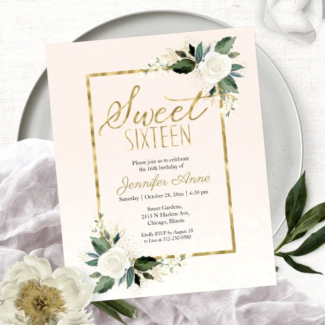 Papier Budget Sweet 16 Invitation Blanc Blush Floral (Créateur téléchargé)