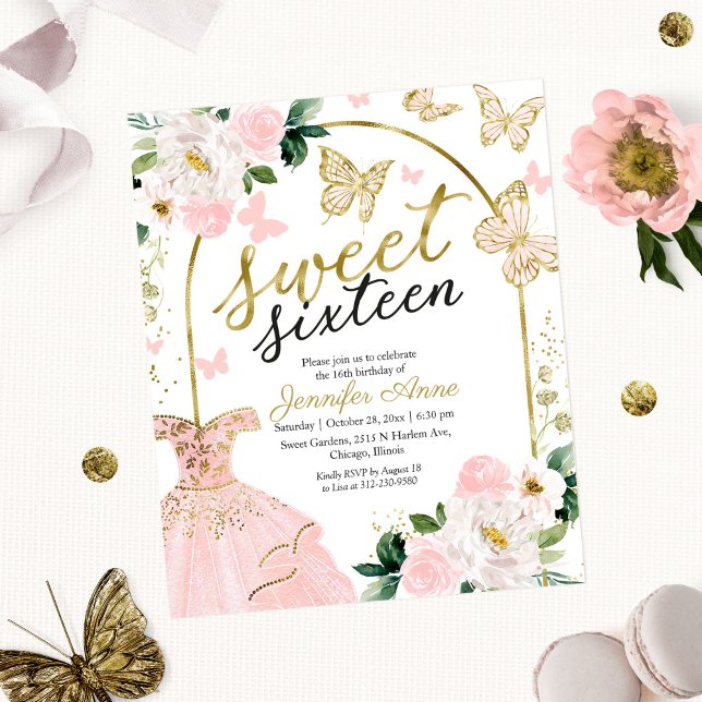 Papier Budget Sweet 16 Invitation Robe Florale Papillon (Créateur téléchargé)