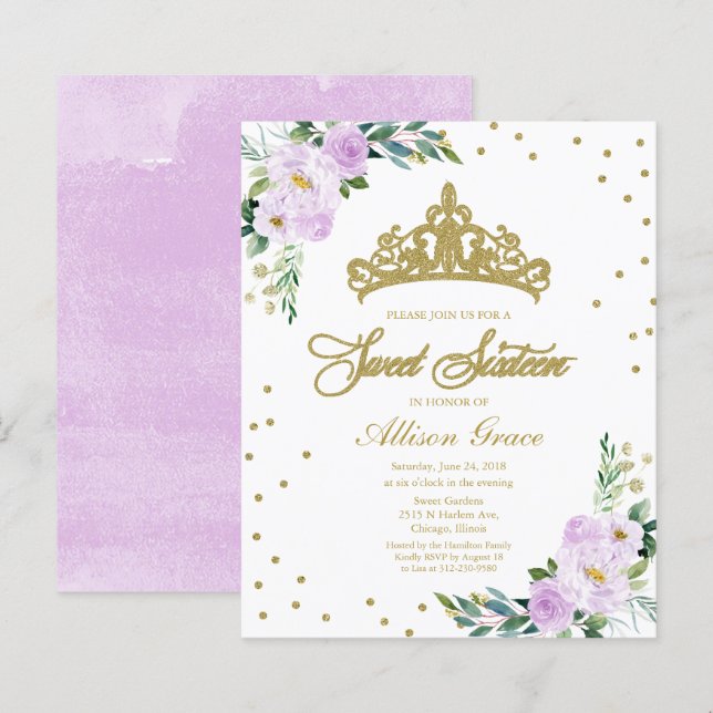 Papier Budget Sweet 16 Invitation Tiara Lavender Floral (Devant / Derrière)