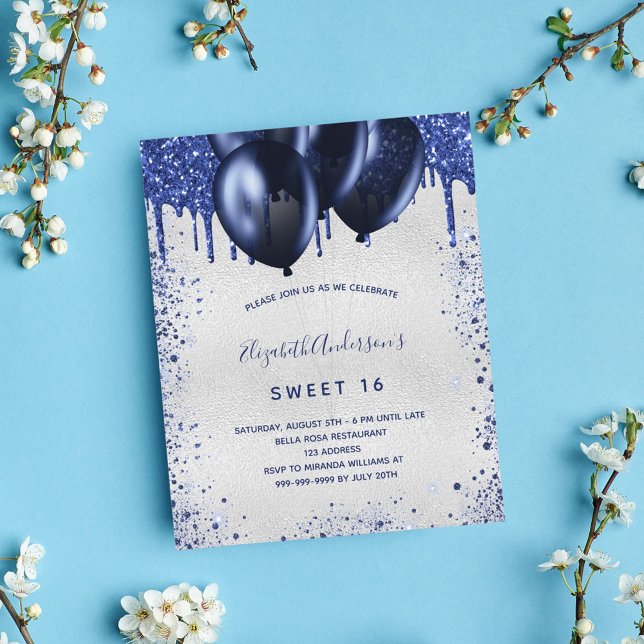 Papier Budget Sweet 16 marine bleu argent invitation (Créateur téléchargé)