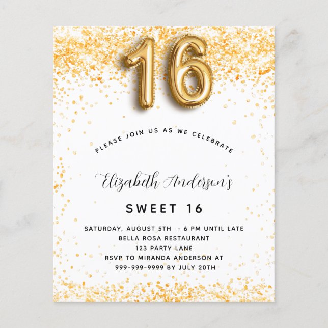 Papier Budget Sweet 16 parties scintillant or blanc invit (Devant)