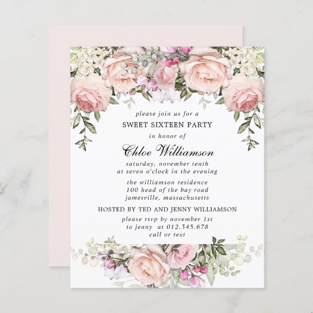 Papier Budget Sweet 16 Party Blush rose Floral Invitation (Devant / Derrière)